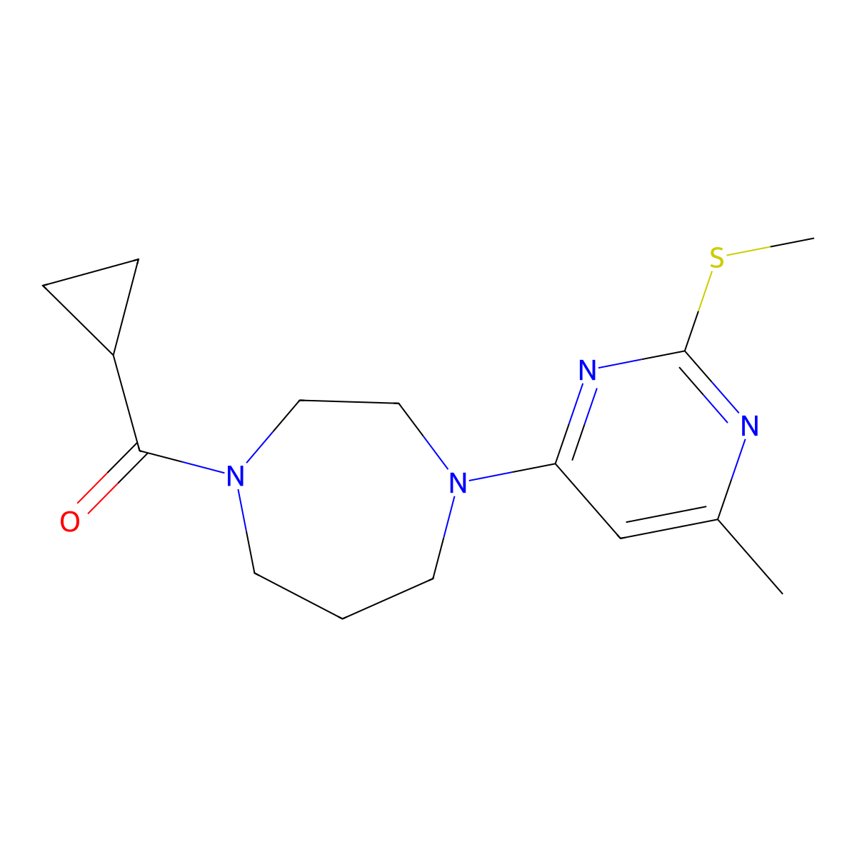1-Cyclopropanecarbonyl-4-[6-methyl-2-(methylsulfanyl)pyrimidin-4-yl]-1,4-diazepane molecular structure, CAS 2877632-37-4