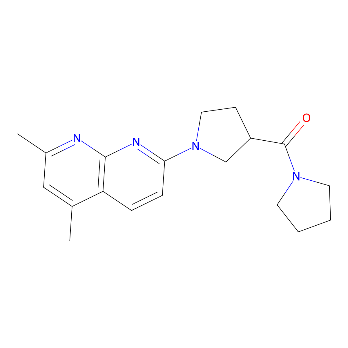 2,4-Dimethyl-7-[3-(pyrrolidine-1-carbonyl)pyrrolidin-1-yl]-1,8-naphthyridine molecular structure, CAS 2877632-41-0