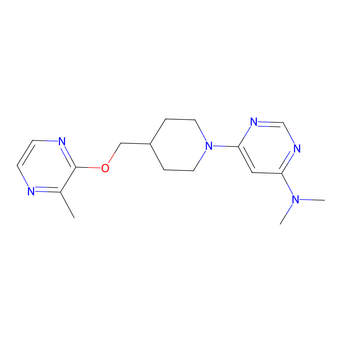 N,N-dimethyl-6-(4-{[(3-methylpyrazin-2-yl)oxy]methyl}piperidin-1-yl)pyrimidin-4-amine molecular structure, CAS 2877632-52-3