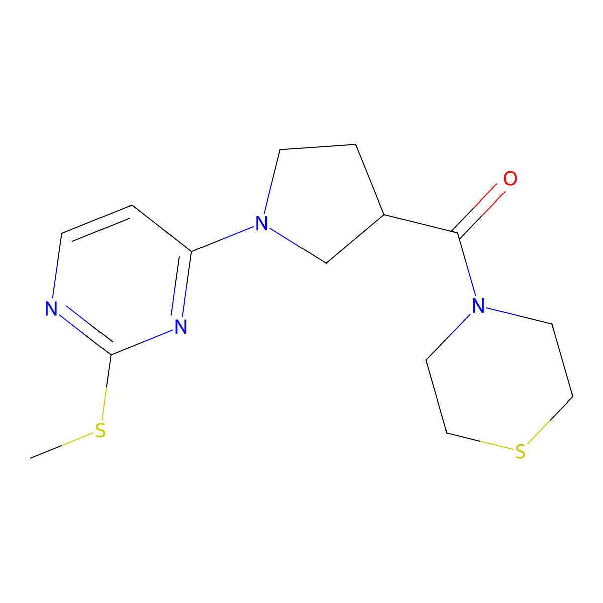 4-{1-[2-(Methylsulfanyl)pyrimidin-4-yl]pyrrolidine-3-carbonyl}thiomorpholine molecular structure, CAS 2877632-65-8