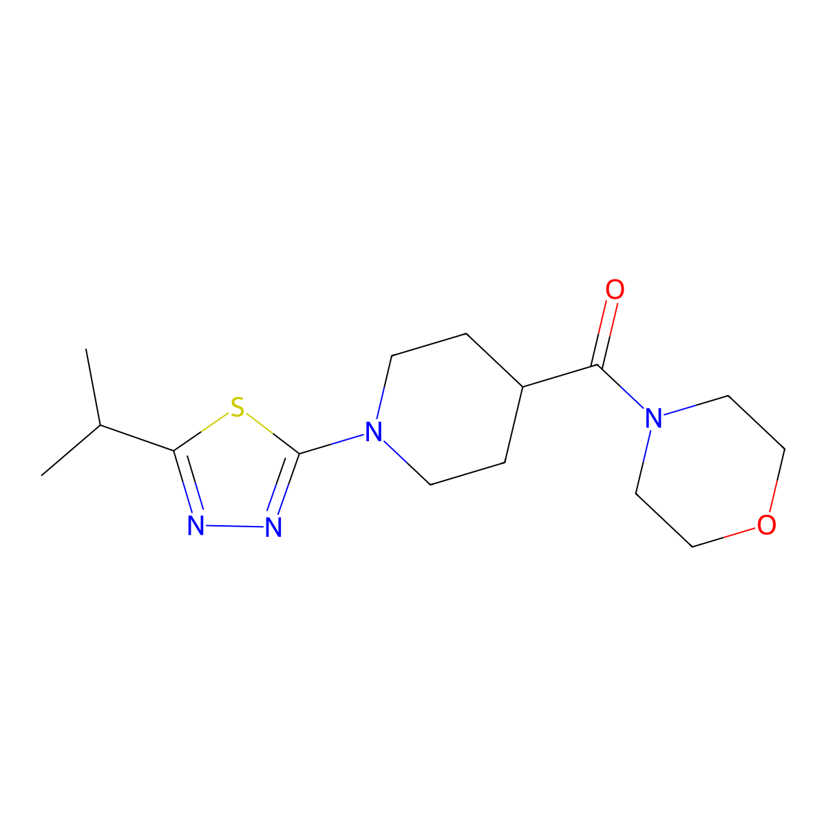 4-{1-[5-(Propan-2-yl)-1,3,4-thiadiazol-2-yl]piperidine-4-carbonyl}morpholine molecular structure, CAS 2877632-67-0