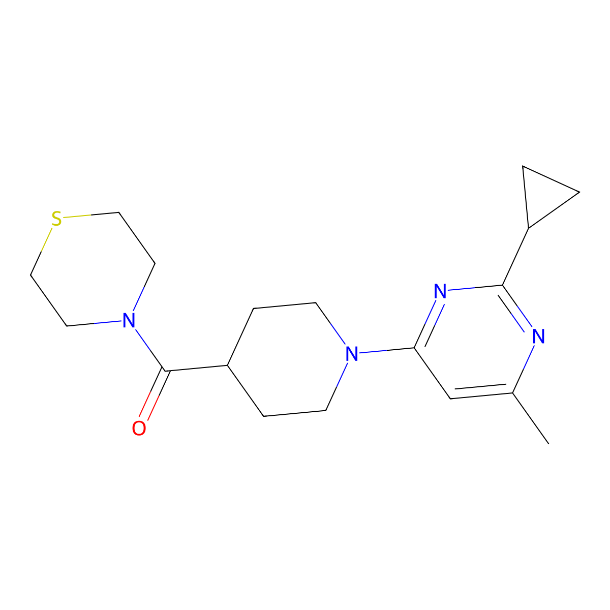 4-[1-(2-Cyclopropyl-6-methylpyrimidin-4-yl)piperidine-4-carbonyl]thiomorpholine molecular structure, CAS 2877632-71-6