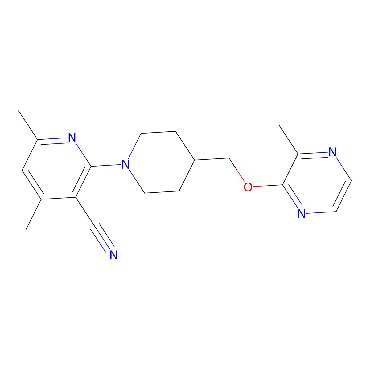 4,6-Dimethyl-2-(4-{[(3-methylpyrazin-2-yl)oxy]methyl}piperidin-1-yl)pyridine-3-carbonitrile molecular structure, CAS 2877632-73-8