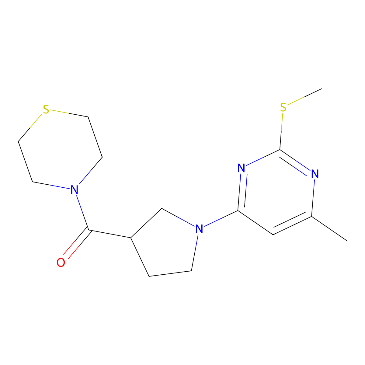 4-{1-[6-Methyl-2-(methylsulfanyl)pyrimidin-4-yl]pyrrolidine-3-carbonyl}thiomorpholine molecular structure, CAS 2877632-75-0