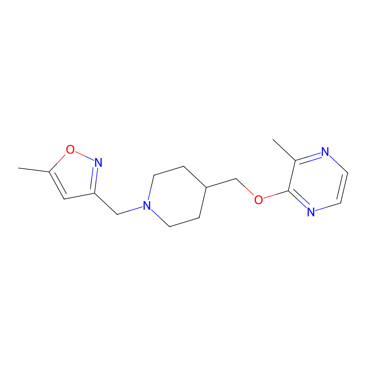 2-Methyl-3-({1-[(5-methyl-1,2-oxazol-3-yl)methyl]piperidin-4-yl}methoxy)pyrazine molecular structure, CAS 2877632-81-8