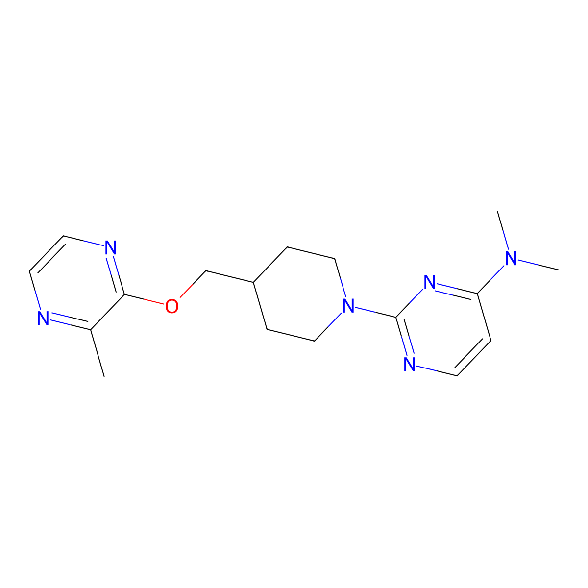 N,N-dimethyl-2-(4-{[(3-methylpyrazin-2-yl)oxy]methyl}piperidin-1-yl)pyrimidin-4-amine molecular structure, CAS 2877632-83-0