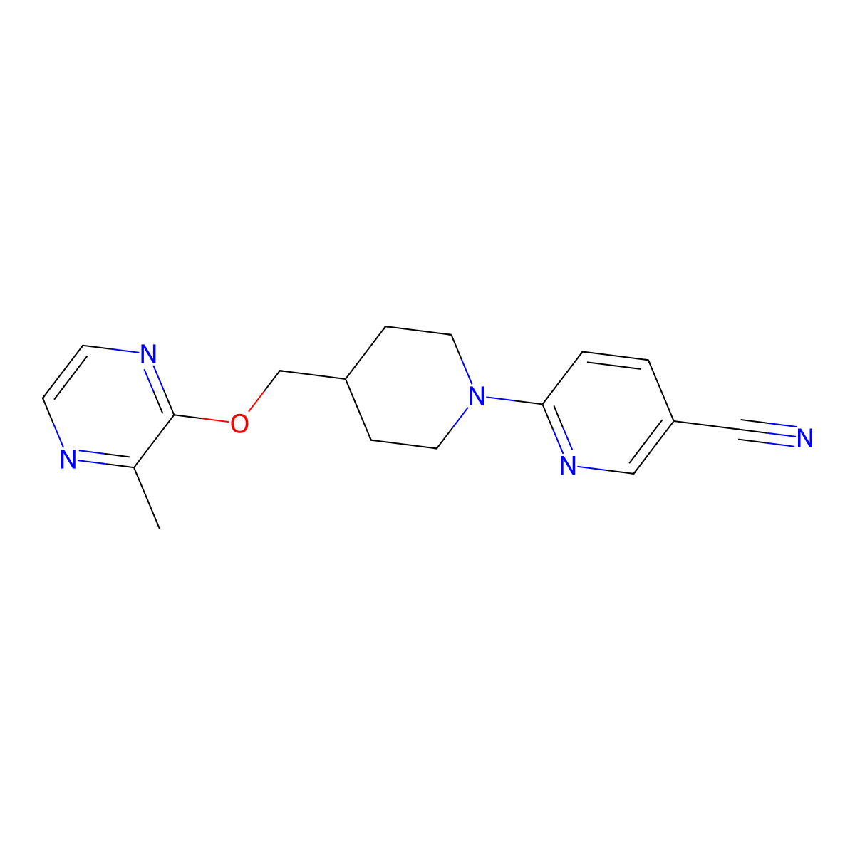 6-(4-{[(3-Methylpyrazin-2-yl)oxy]methyl}piperidin-1-yl)pyridine-3-carbonitrile molecular structure, CAS 2877632-92-1