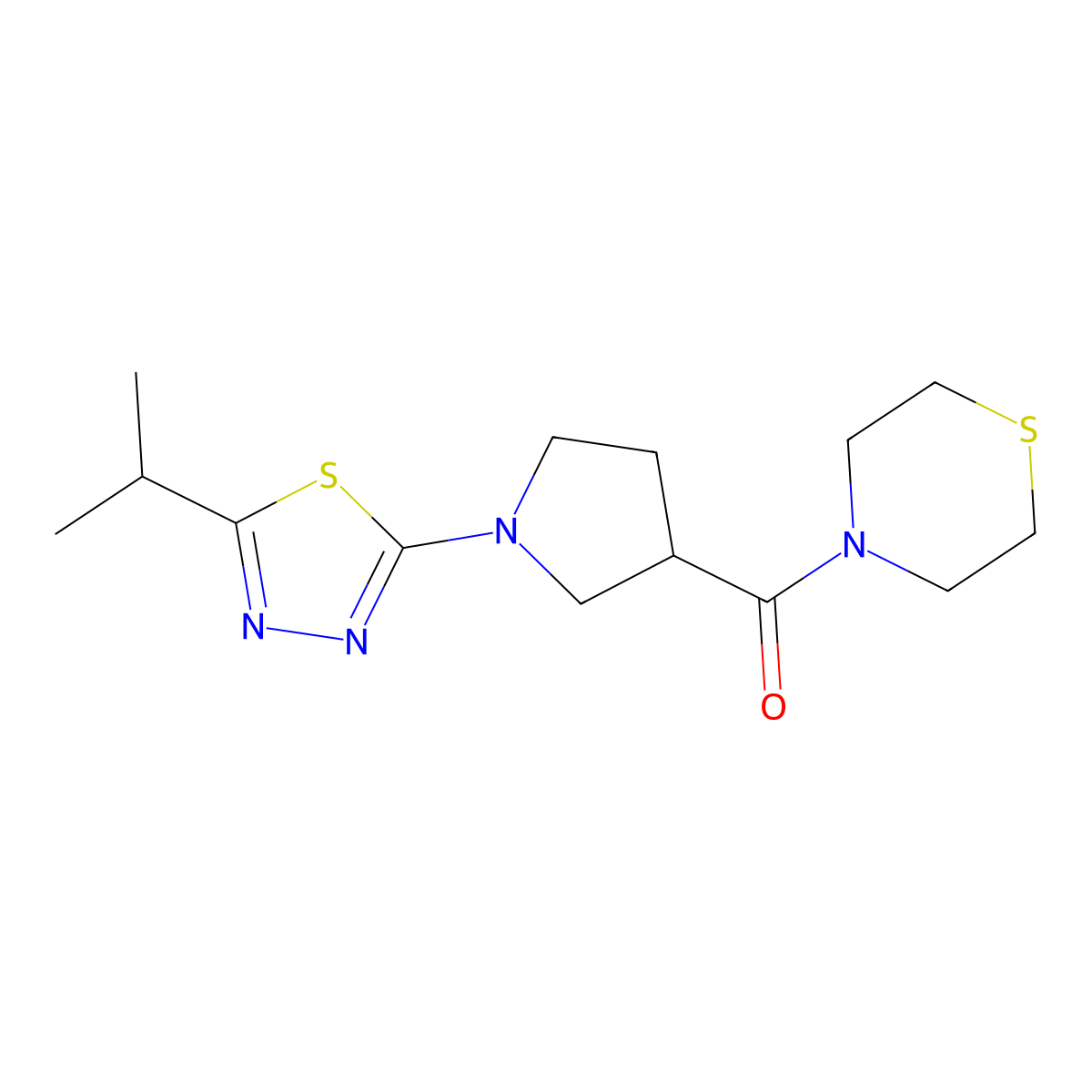 4-{1-[5-(Propan-2-yl)-1,3,4-thiadiazol-2-yl]pyrrolidine-3-carbonyl}thiomorpholine molecular structure, CAS 2877632-96-5