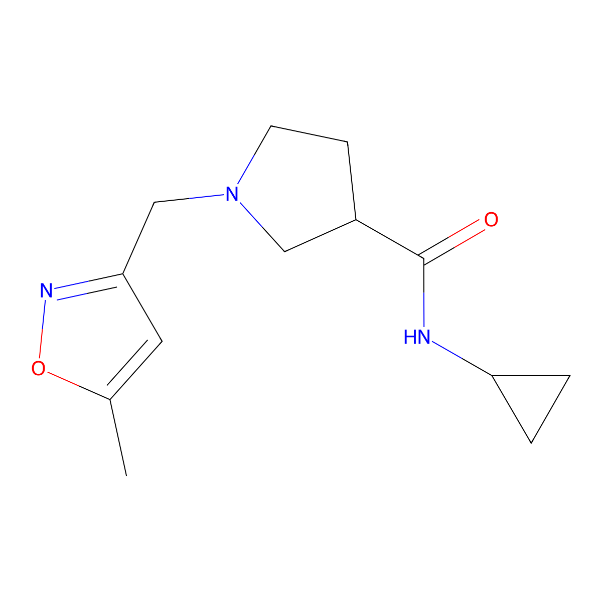 N-cyclopropyl-1-[(5-methyl-1,2-oxazol-3-yl)methyl]pyrrolidine-3-carboxamide molecular structure, CAS 2877632-97-6