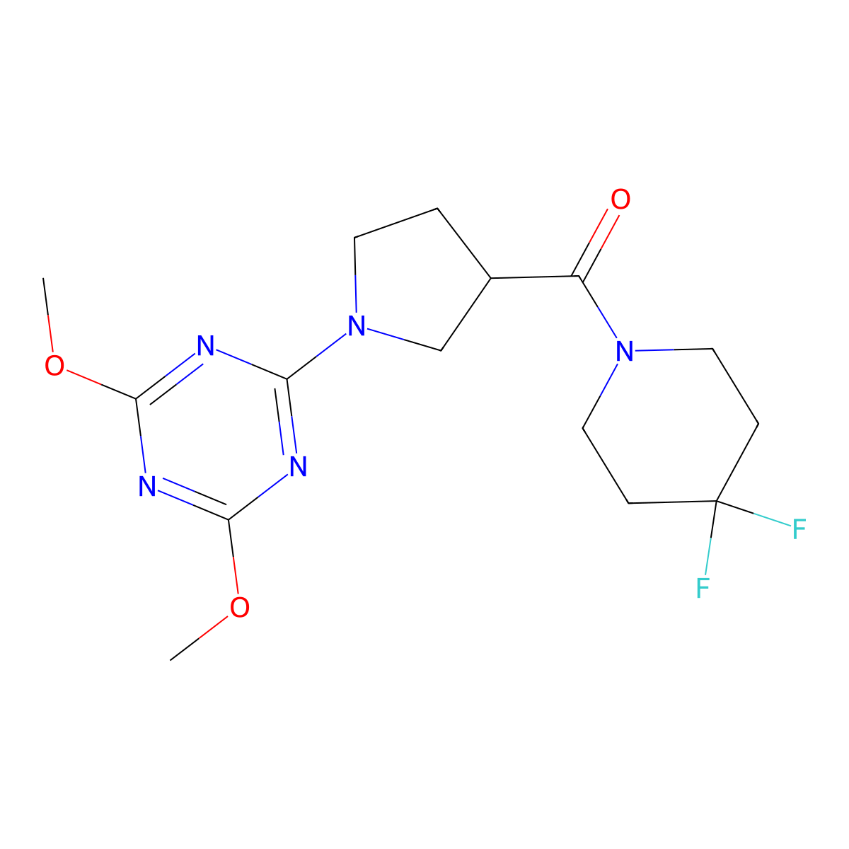 2-[3-(4,4-Difluoropiperidine-1-carbonyl)pyrrolidin-1-yl]-4,6-dimethoxy-1,3,5-triazine molecular structure, CAS 2877633-01-5