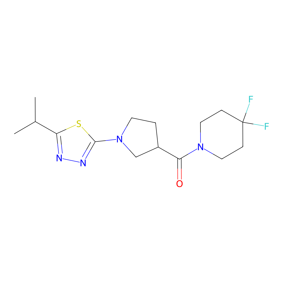4,4-Difluoro-1-{1-[5-(propan-2-yl)-1,3,4-thiadiazol-2-yl]pyrrolidine-3-carbonyl}piperidine molecular structure, CAS 2877633-02-6
