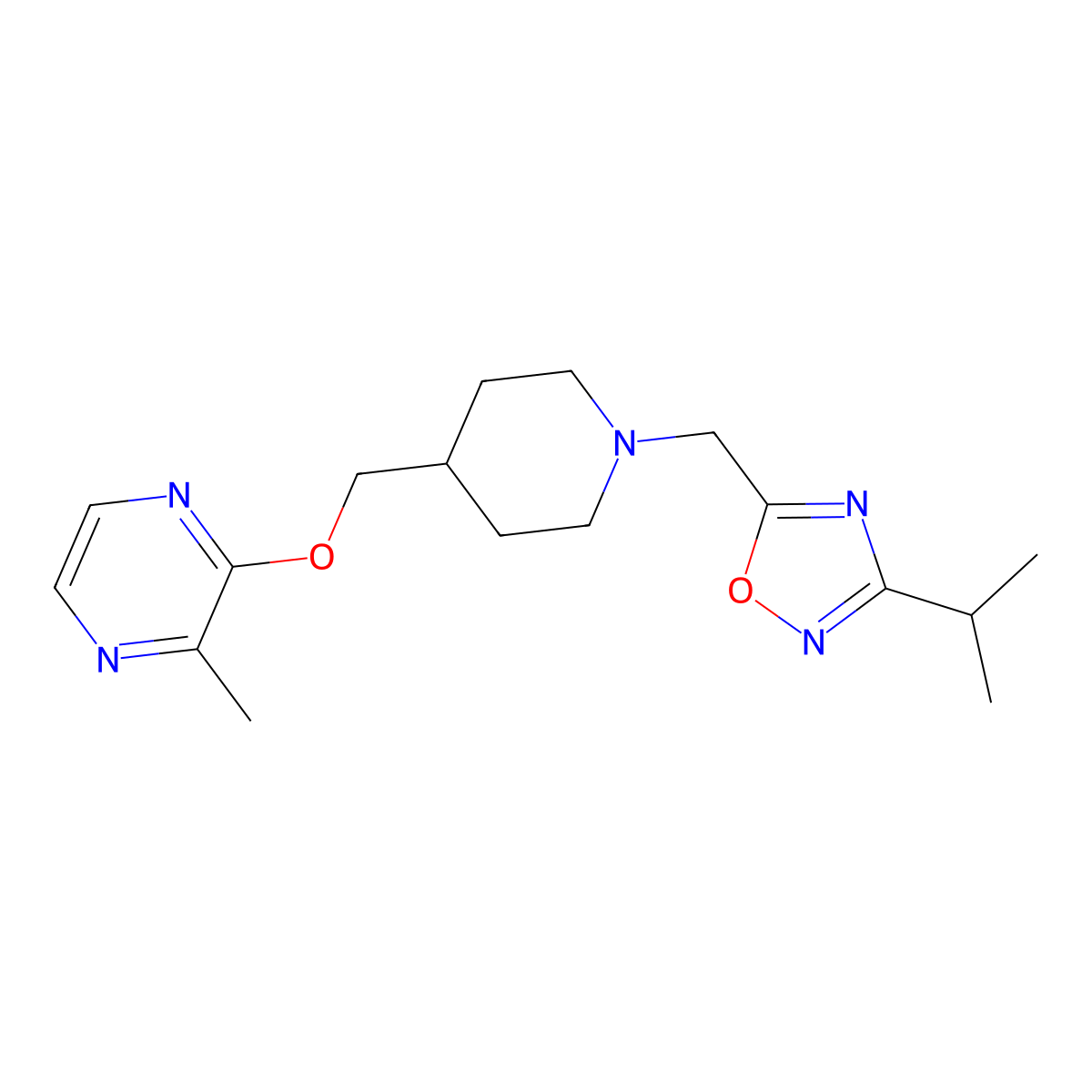 2-Methyl-3-[(1-{[3-(propan-2-yl)-1,2,4-oxadiazol-5-yl]methyl}piperidin-4-yl)methoxy]pyrazine molecular structure, CAS 2877633-06-0