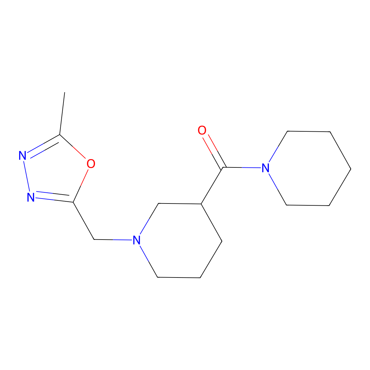 1-[(5-Methyl-1,3,4-oxadiazol-2-yl)methyl]-3-(piperidine-1-carbonyl)piperidine molecular structure, CAS 2877633-07-1