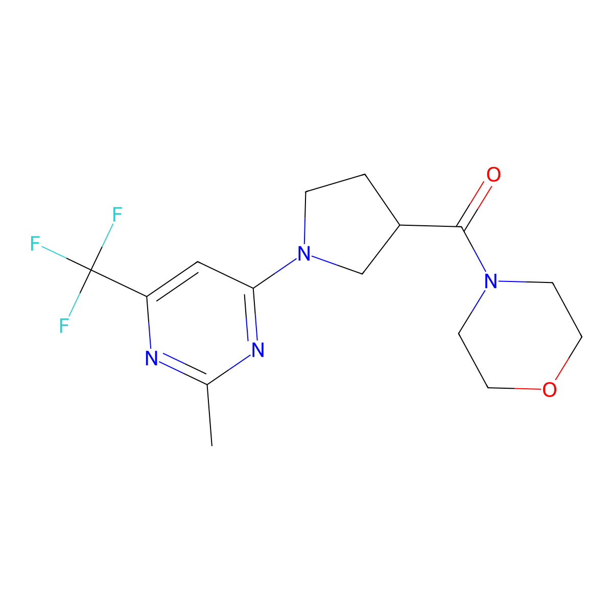 4-{1-[2-Methyl-6-(trifluoromethyl)pyrimidin-4-yl]pyrrolidine-3-carbonyl}morpholine molecular structure, CAS 2877633-11-7