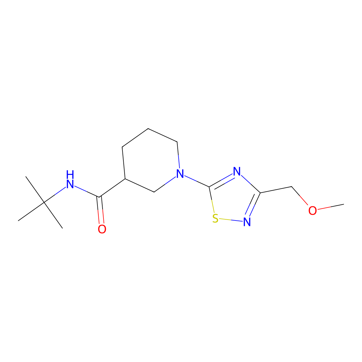 N-tert-butyl-1-[3-(methoxymethyl)-1,2,4-thiadiazol-5-yl]piperidine-3-carboxamide molecular structure, CAS 2877633-22-0
