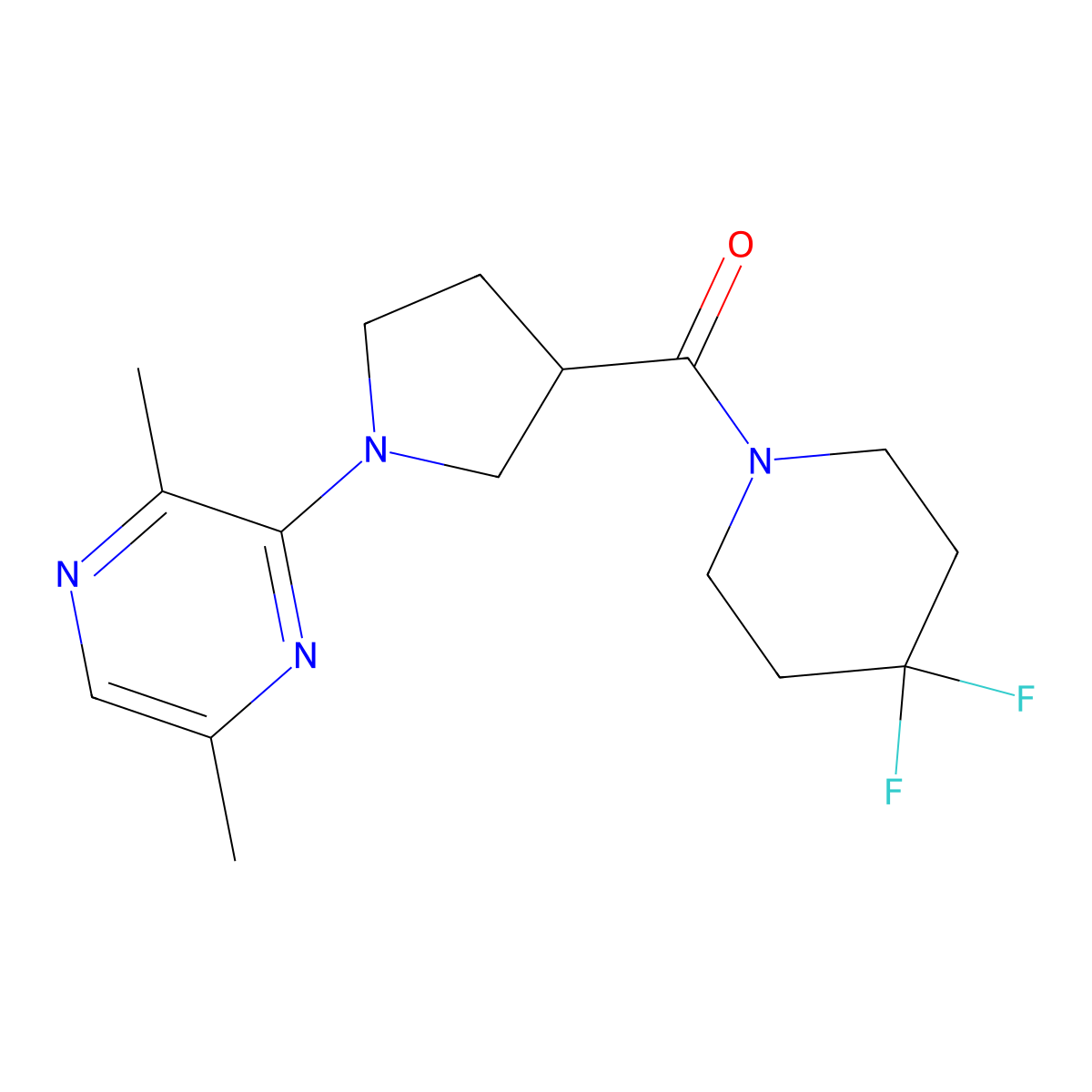 3-[3-(4,4-Difluoropiperidine-1-carbonyl)pyrrolidin-1-yl]-2,5-dimethylpyrazine molecular structure, CAS 2877633-30-0