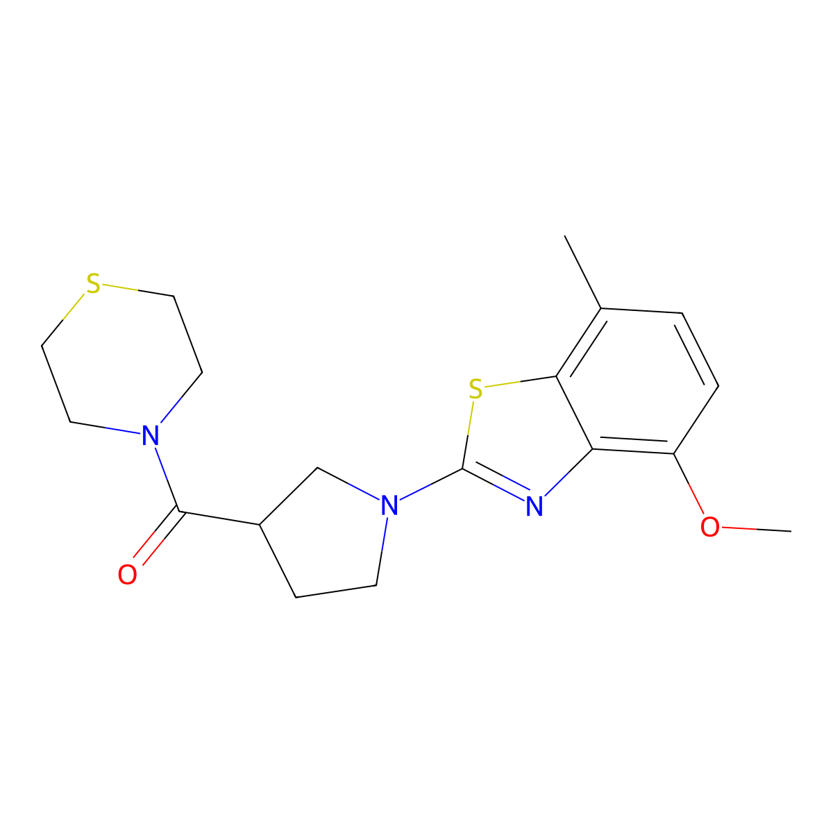 4-Methoxy-7-methyl-2-[3-(thiomorpholine-4-carbonyl)pyrrolidin-1-yl]-1,3-benzothiazole molecular structure, CAS 2877633-31-1