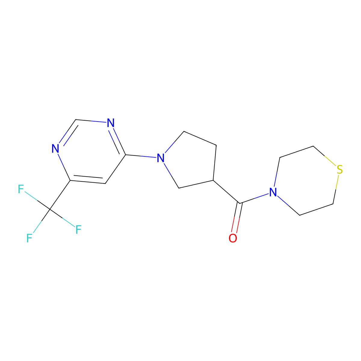 4-{1-[6-(Trifluoromethyl)pyrimidin-4-yl]pyrrolidine-3-carbonyl}thiomorpholine molecular structure, CAS 2877633-44-6