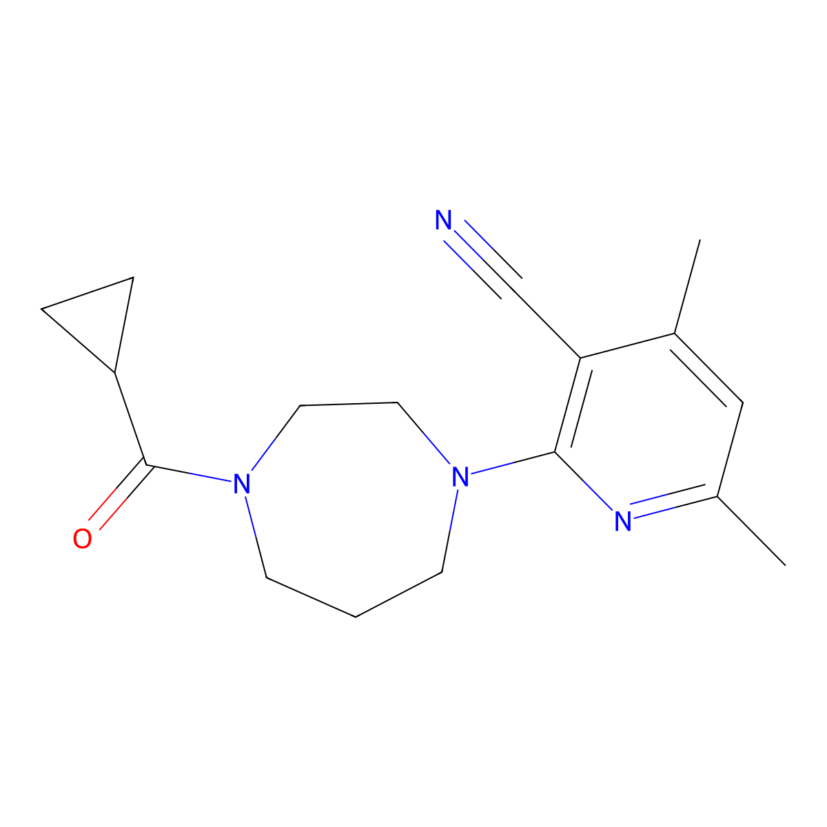 2-(4-Cyclopropanecarbonyl-1,4-diazepan-1-yl)-4,6-dimethylpyridine-3-carbonitrile molecular structure, CAS 2877633-46-8