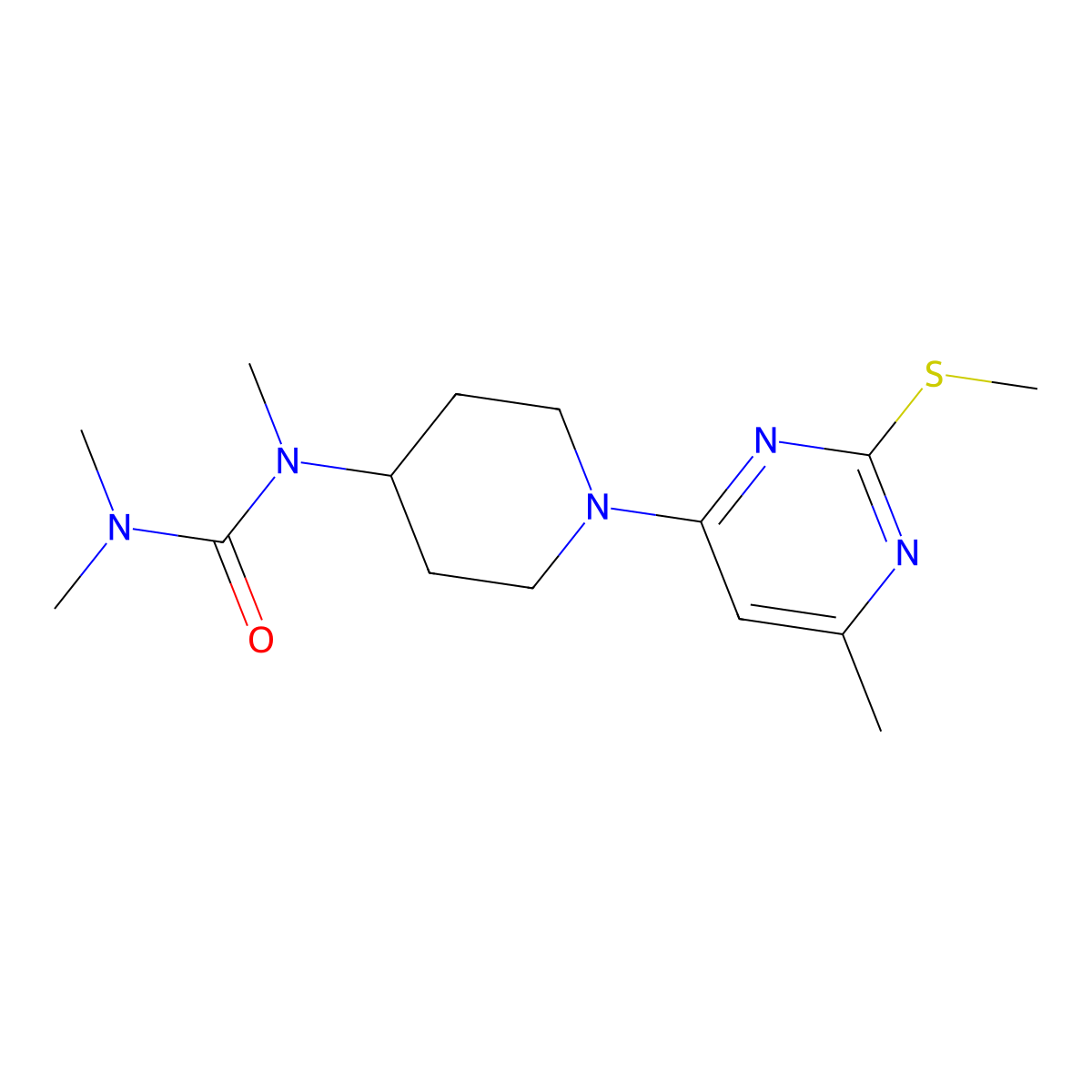 1,3,3-Trimethyl-1-{1-[6-methyl-2-(methylsulfanyl)pyrimidin-4-yl]piperidin-4-yl}urea molecular structure, CAS 2877633-48-0