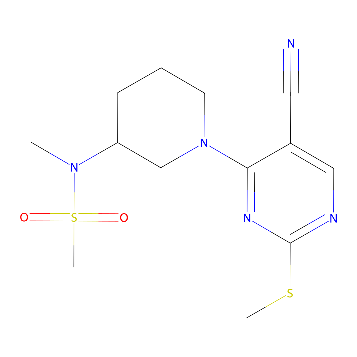 N-{1-[5-cyano-2-(methylsulfanyl)pyrimidin-4-yl]piperidin-3-yl}-N-methylmethanesulfonamide molecular structure, CAS 2877633-54-8