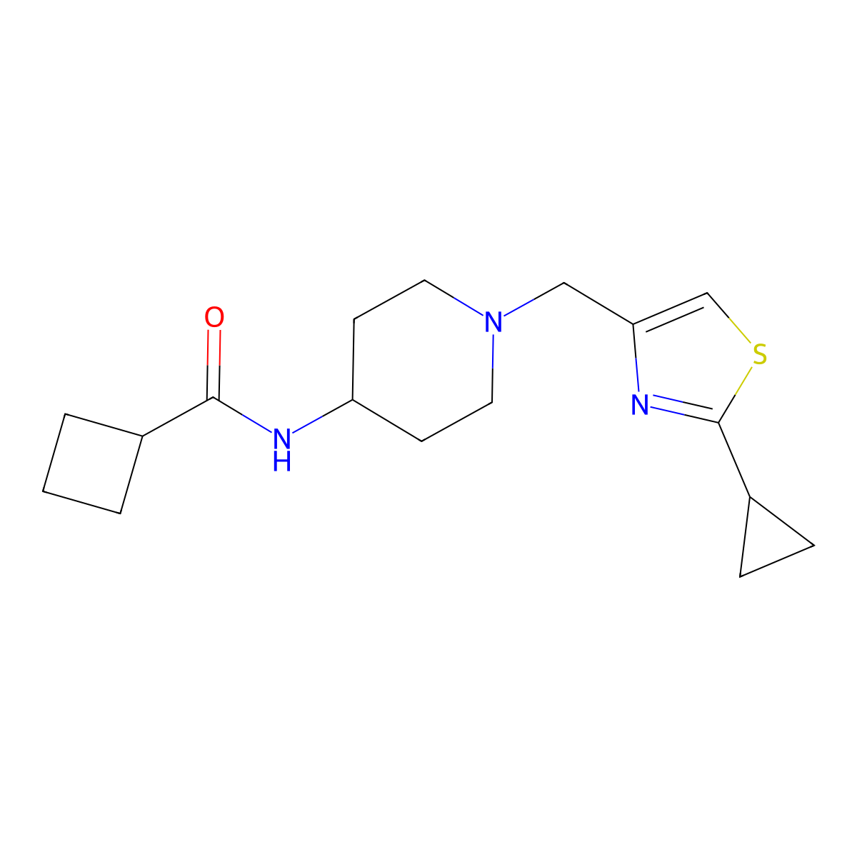 N-{1-[(2-cyclopropyl-1,3-thiazol-4-yl)methyl]piperidin-4-yl}cyclobutanecarboxamide molecular structure, CAS 2877633-55-9