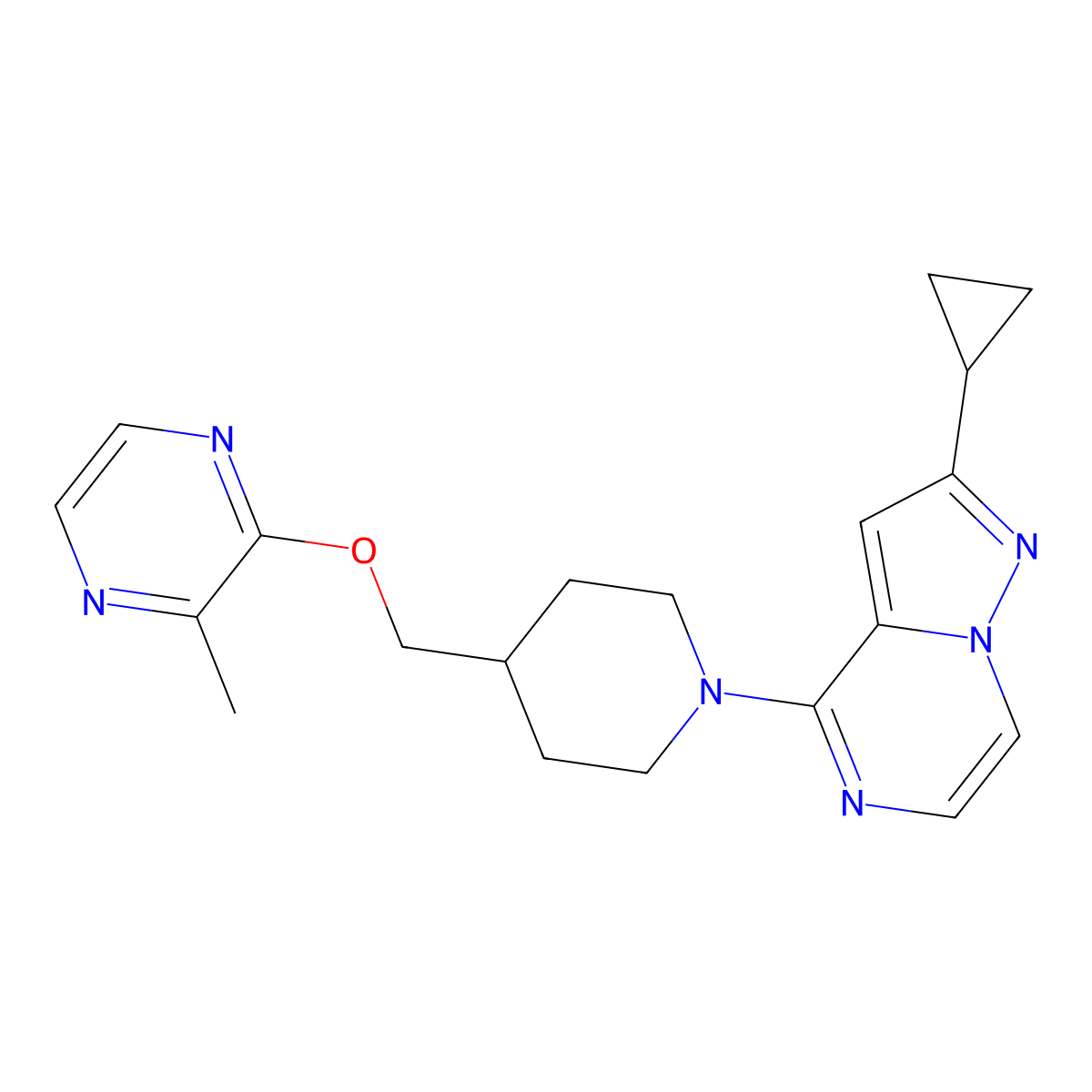 2-[(1-{2-Cyclopropylpyrazolo[1,5-a]pyrazin-4-yl}piperidin-4-yl)methoxy]-3-methylpyrazine molecular structure, CAS 2877633-58-2