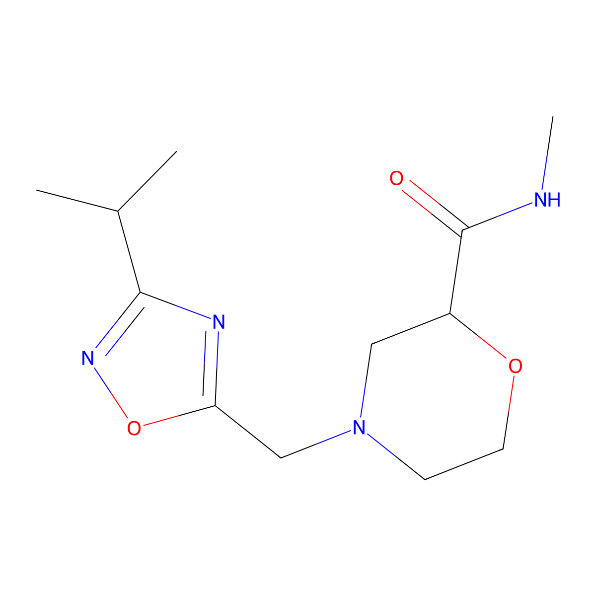 N-methyl-4-{[3-(propan-2-yl)-1,2,4-oxadiazol-5-yl]methyl}morpholine-2-carboxamide molecular structure, CAS 2877633-71-9