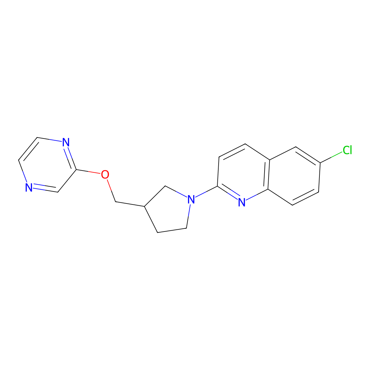 6-Chloro-2-{3-[(pyrazin-2-yloxy)methyl]pyrrolidin-1-yl}quinoline molecular structure, CAS 2877633-72-0