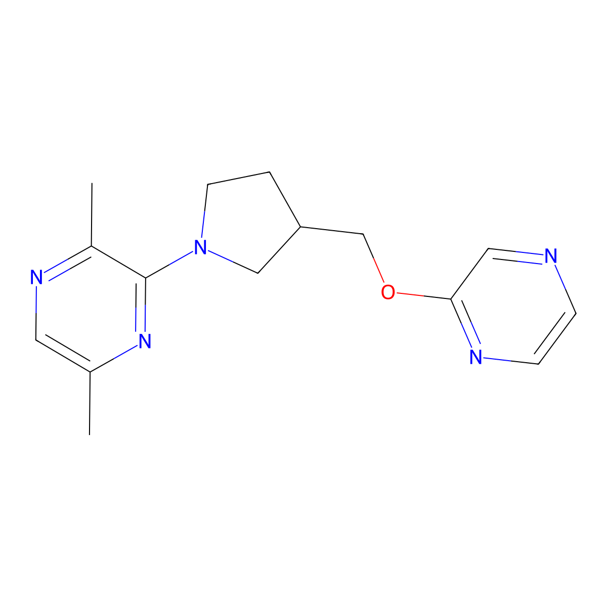 2,5-Dimethyl-3-{3-[(pyrazin-2-yloxy)methyl]pyrrolidin-1-yl}pyrazine molecular structure, CAS 2877633-84-4