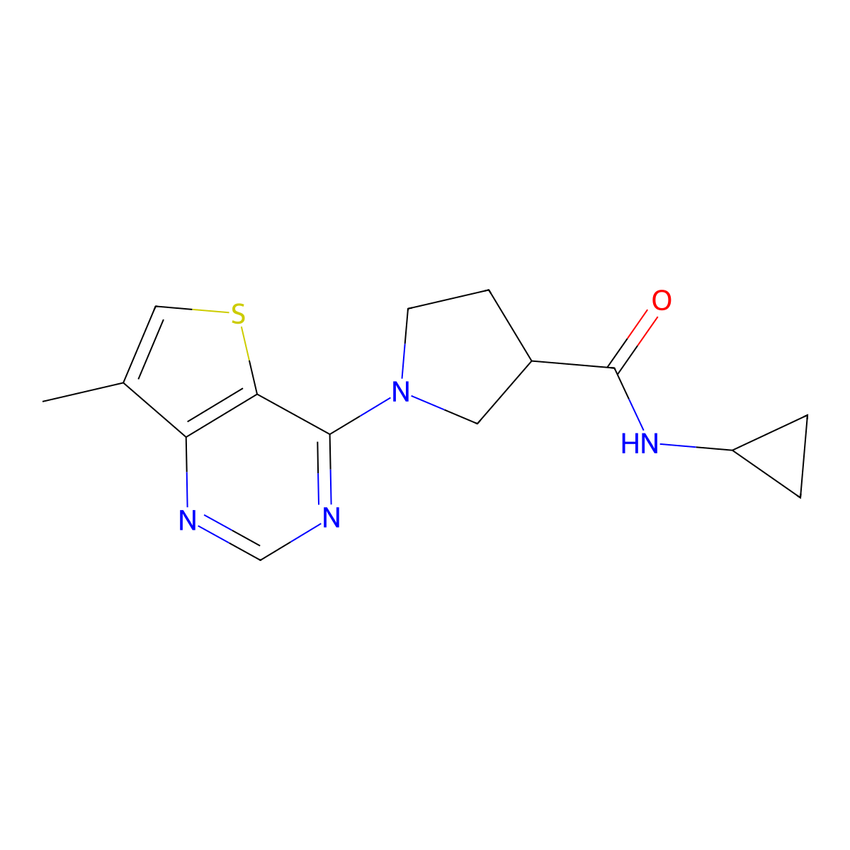 N-cyclopropyl-1-{7-methylthieno[3,2-d]pyrimidin-4-yl}pyrrolidine-3-carboxamide molecular structure, CAS 2877633-87-7