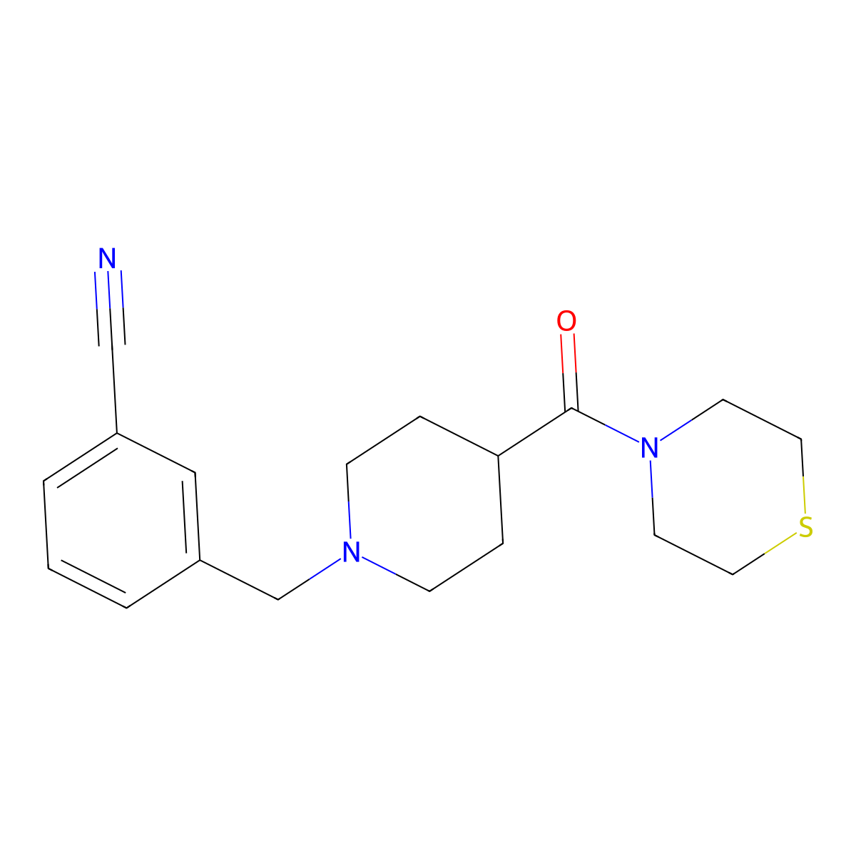 3-{[4-(Thiomorpholine-4-carbonyl)piperidin-1-yl]methyl}benzonitrile molecular structure, CAS 2877634-18-7