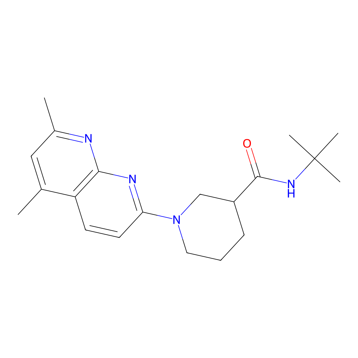N-tert-butyl-1-(5,7-dimethyl-1,8-naphthyridin-2-yl)piperidine-3-carboxamide molecular structure, CAS 2877634-26-7
