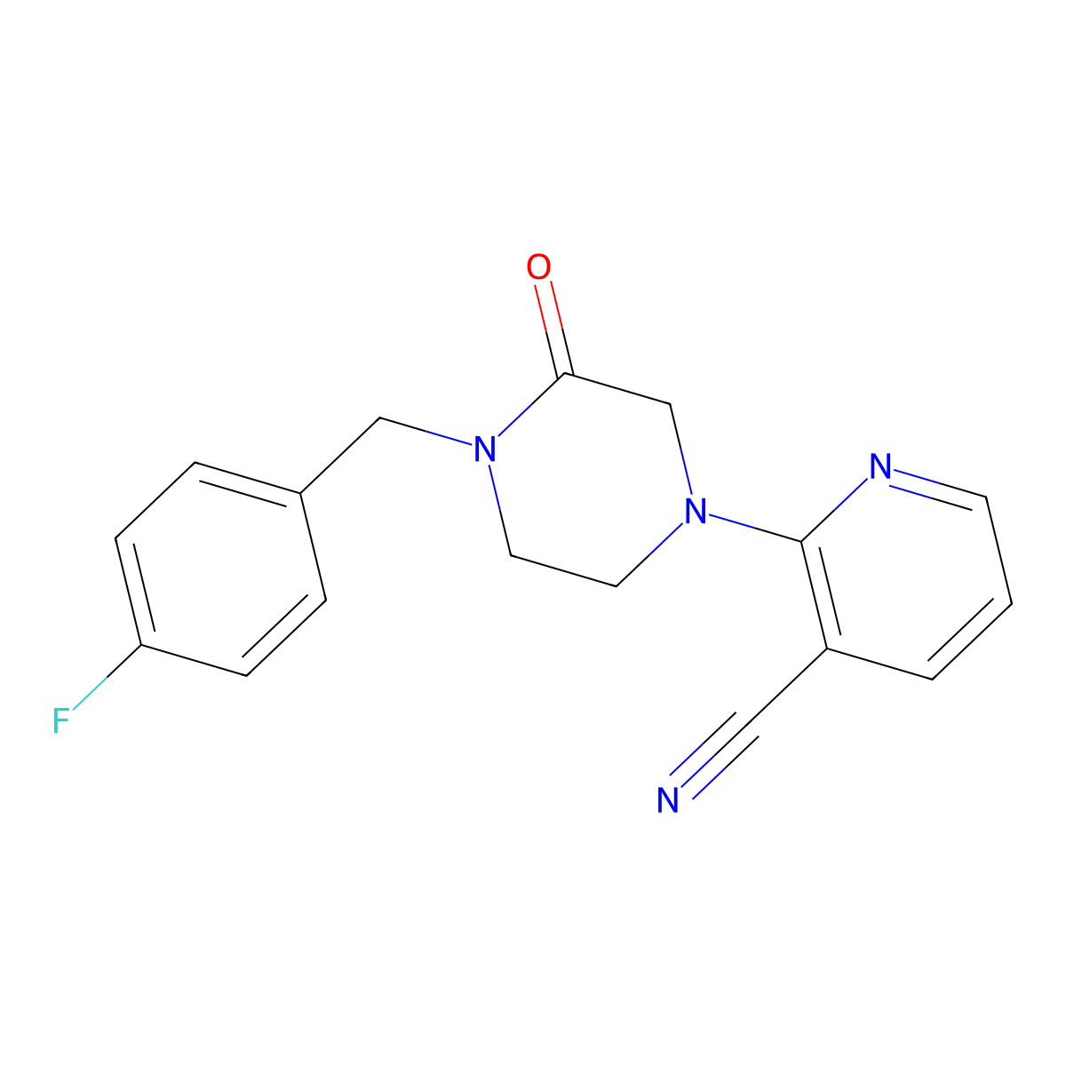 2-{4-[(4-Fluorophenyl)methyl]-3-oxopiperazin-1-yl}pyridine-3-carbonitrile molecular structure, CAS 2877634-28-9