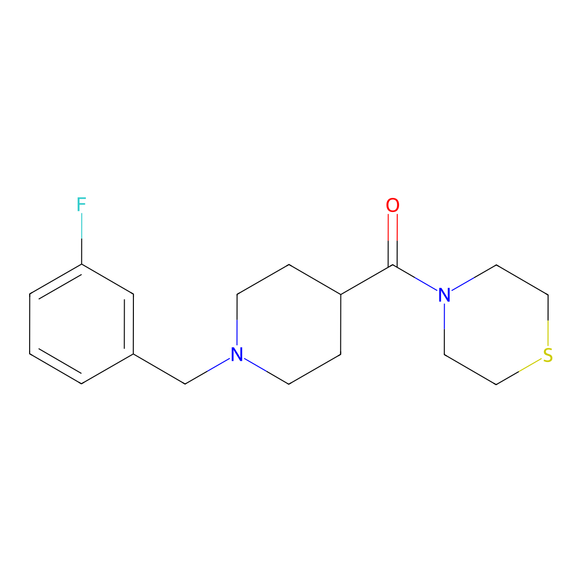 4-{1-[(3-Fluorophenyl)methyl]piperidine-4-carbonyl}thiomorpholine molecular structure, CAS 2877634-39-2