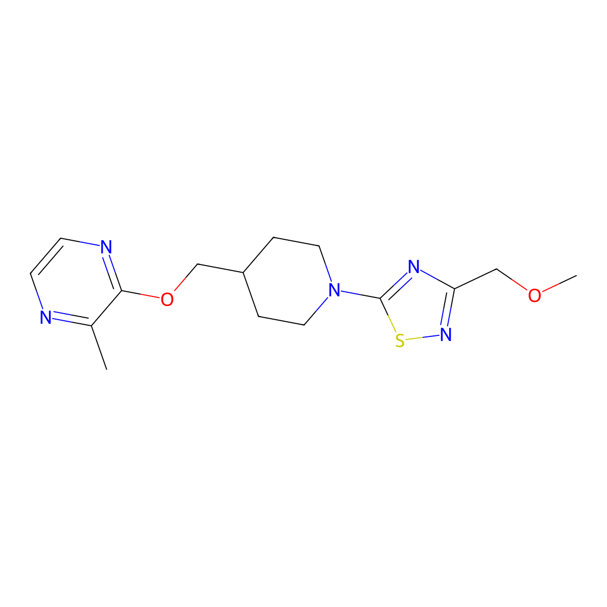 2-({1-[3-(Methoxymethyl)-1,2,4-thiadiazol-5-yl]piperidin-4-yl}methoxy)-3-methylpyrazine molecular structure, CAS 2877634-41-6