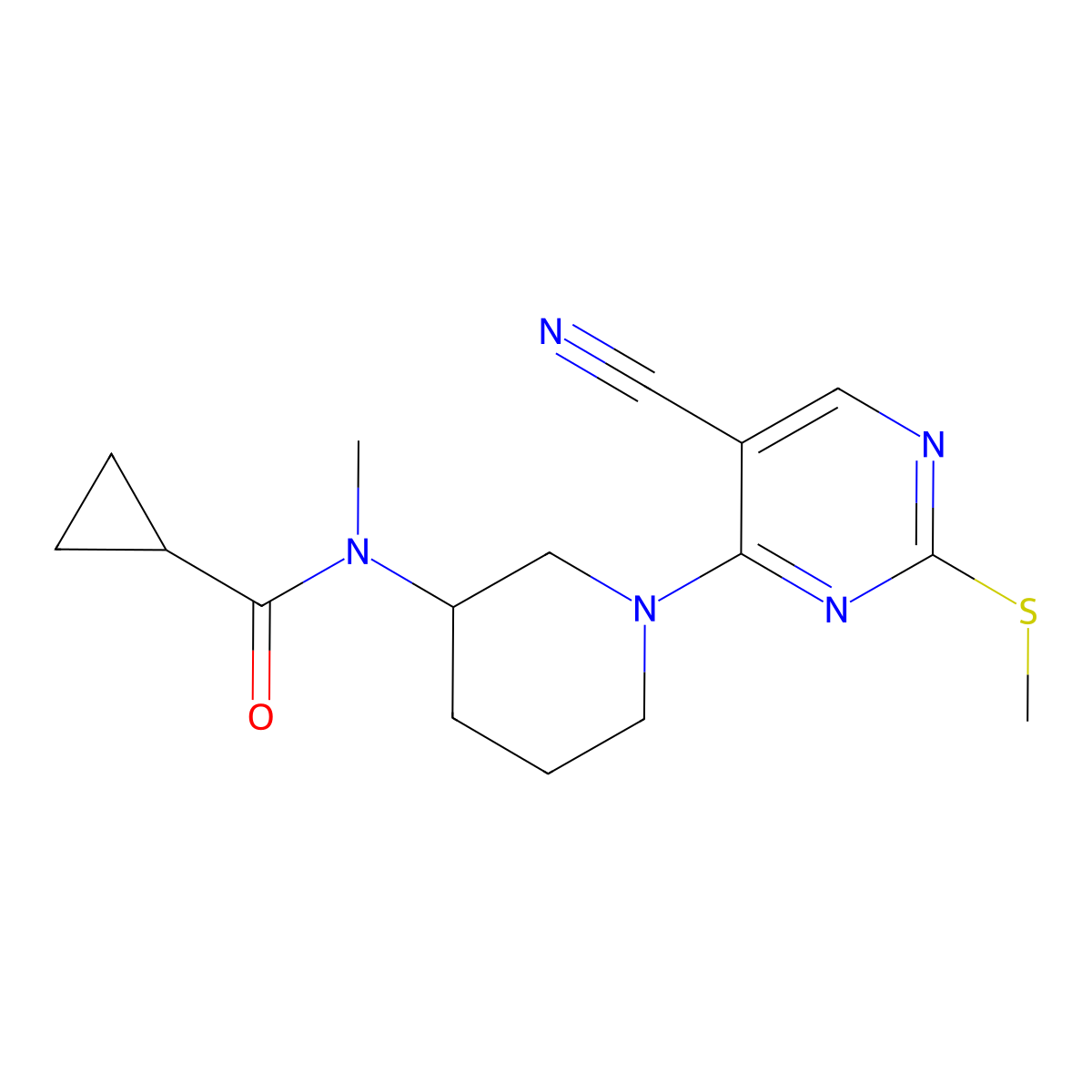 N-{1-[5-cyano-2-(methylsulfanyl)pyrimidin-4-yl]piperidin-3-yl}-N-methylcyclopropanecarboxamide molecular structure, CAS 2877634-45-0