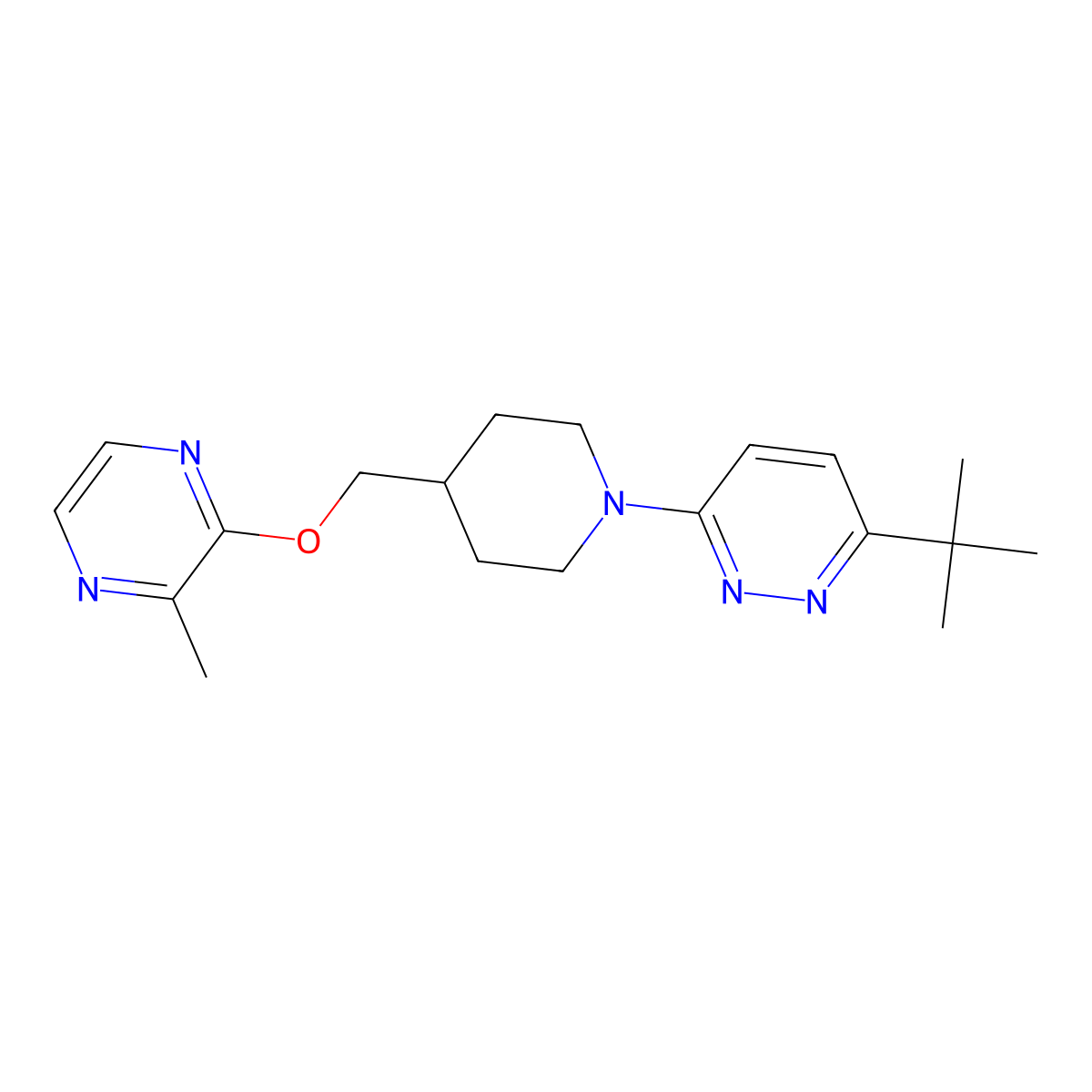 3-Tert-butyl-6-(4-{[(3-methylpyrazin-2-yl)oxy]methyl}piperidin-1-yl)pyridazine molecular structure, CAS 2877634-52-9