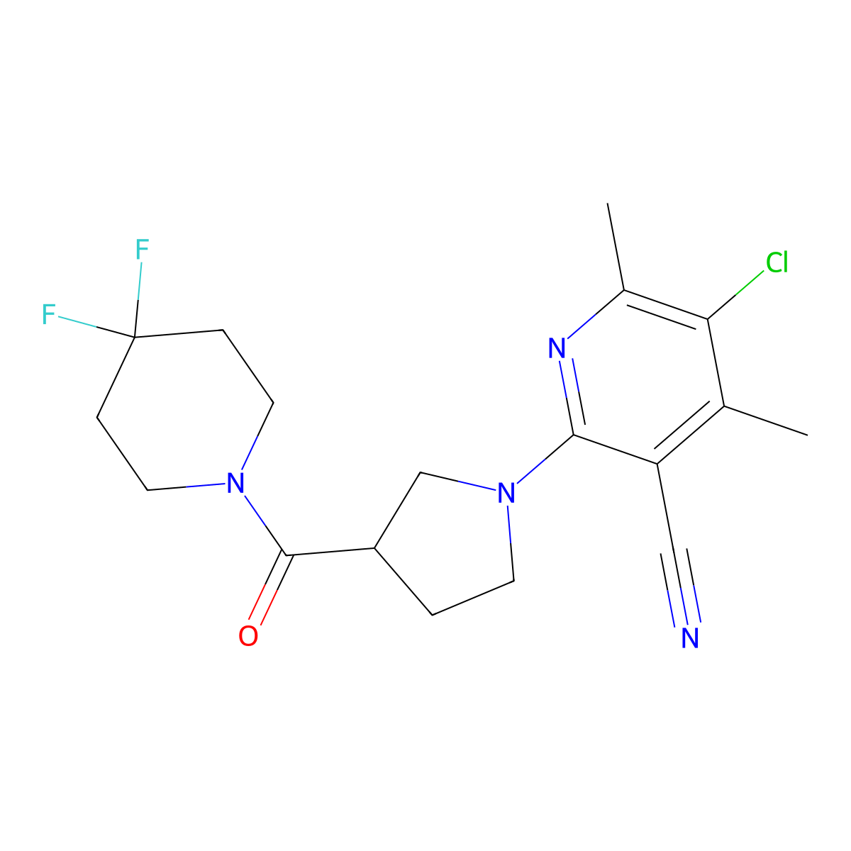 5-Chloro-2-[3-(4,4-difluoropiperidine-1-carbonyl)pyrrolidin-1-yl]-4,6-dimethylpyridine-3-carbonitrile molecular structure, CAS 2877634-57-4