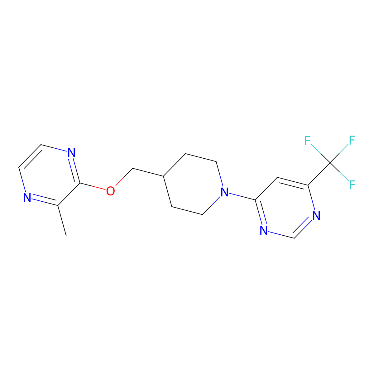 4-(4-{[(3-Methylpyrazin-2-yl)oxy]methyl}piperidin-1-yl)-6-(trifluoromethyl)pyrimidine molecular structure, CAS 2877634-58-5