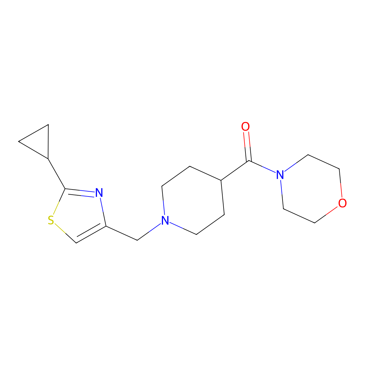 4-{1-[(2-Cyclopropyl-1,3-thiazol-4-yl)methyl]piperidine-4-carbonyl}morpholine molecular structure, CAS 2877634-72-3