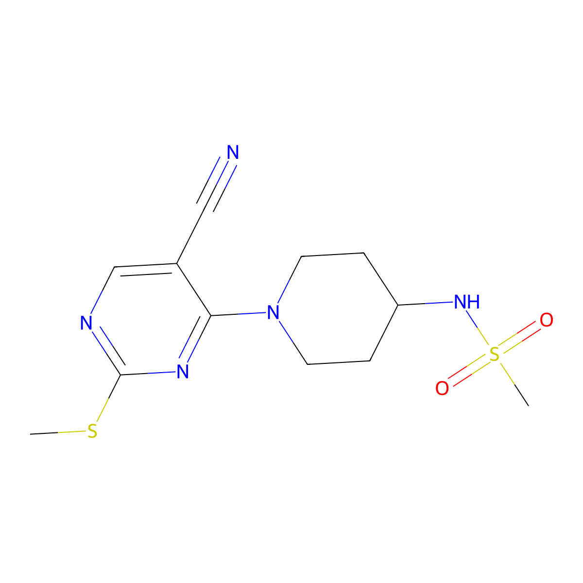 N-{1-[5-cyano-2-(methylsulfanyl)pyrimidin-4-yl]piperidin-4-yl}methanesulfonamide molecular structure, CAS 2877634-76-7