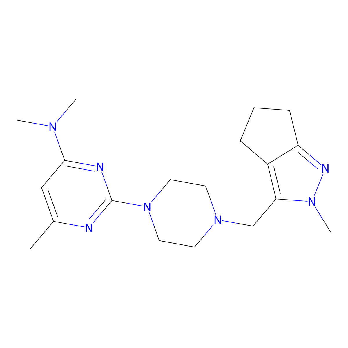 N,N,6-trimethyl-2-[4-({2-methyl-2H,4H,5H,6H-cyclopenta[c]pyrazol-3-yl}methyl)piperazin-1-yl]pyrimidin-4-amine molecular structure, CAS 2877634-80-3