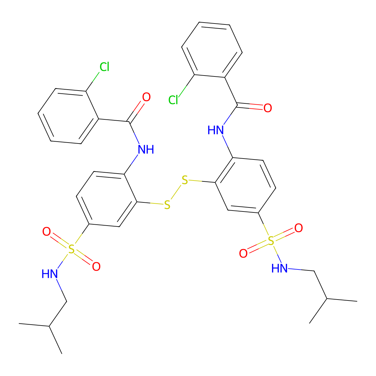 2-chloro-N-(2-{[2-(2-chlorobenzamido)-5-[(2-methylpropyl)sulfamoyl]phenyl]disulfanyl}-4-[(2-methylpropyl)sulfamoyl]phenyl)benzamide molecular structure, CAS 2877634-85-8