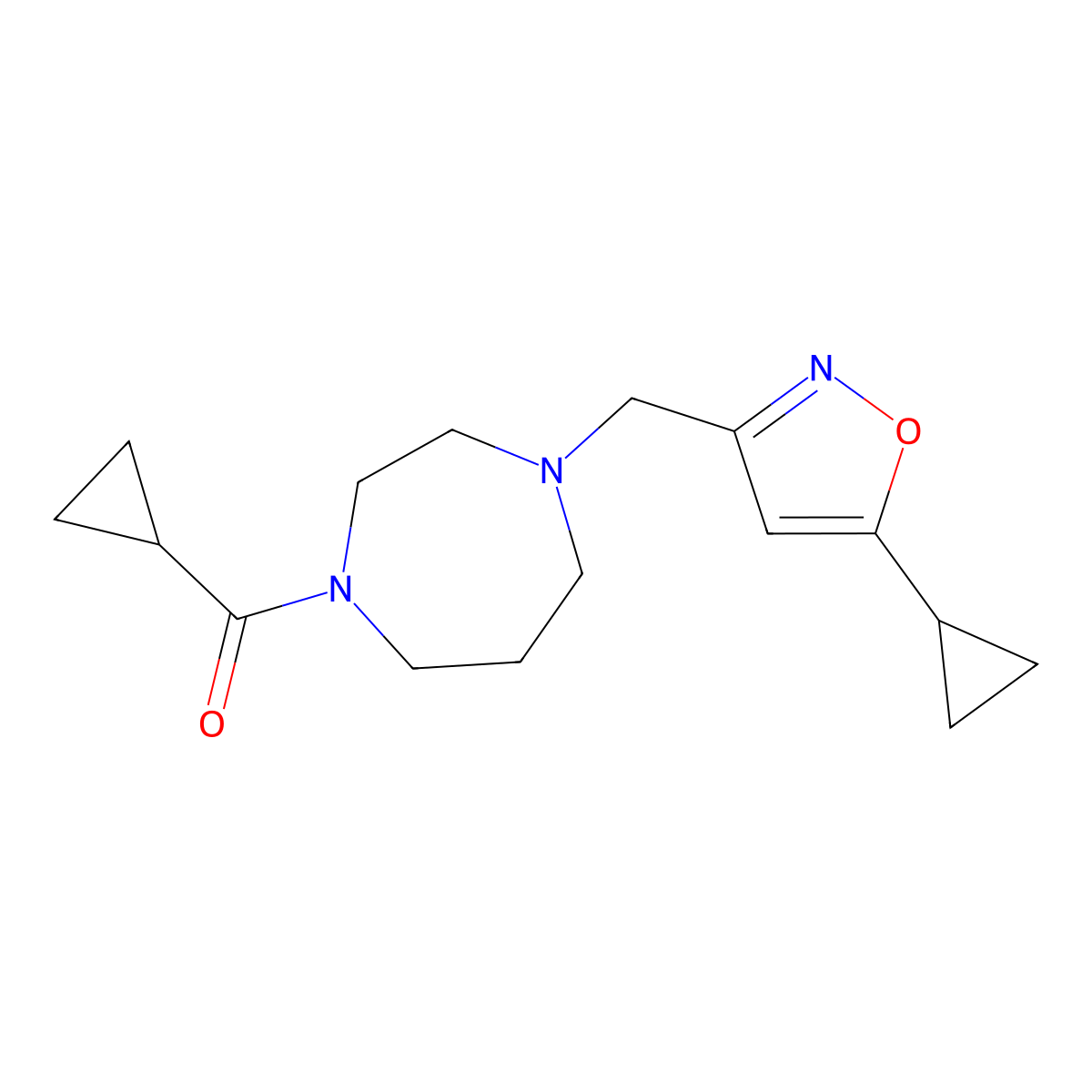 1-Cyclopropanecarbonyl-4-[(5-cyclopropyl-1,2-oxazol-3-yl)methyl]-1,4-diazepane molecular structure, CAS 2877634-86-9
