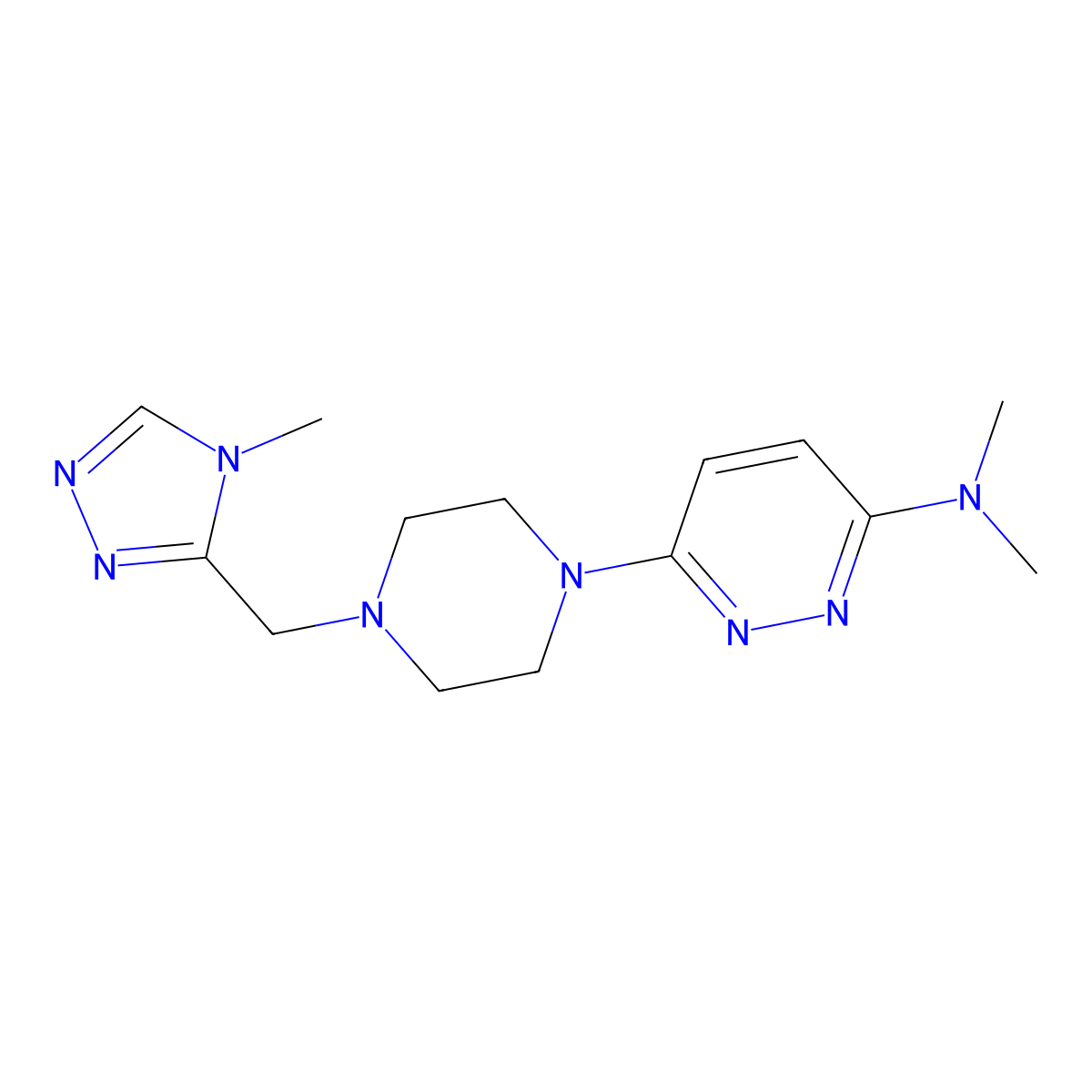 N,N-dimethyl-6-{4-[(4-methyl-4H-1,2,4-triazol-3-yl)methyl]piperazin-1-yl}pyridazin-3-amine molecular structure, CAS 2877634-90-5