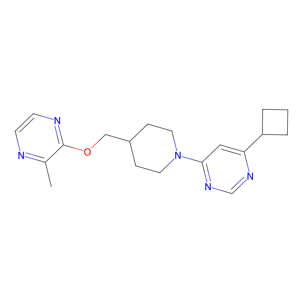 4-Cyclobutyl-6-(4-{[(3-methylpyrazin-2-yl)oxy]methyl}piperidin-1-yl)pyrimidine molecular structure, CAS 2877634-91-6