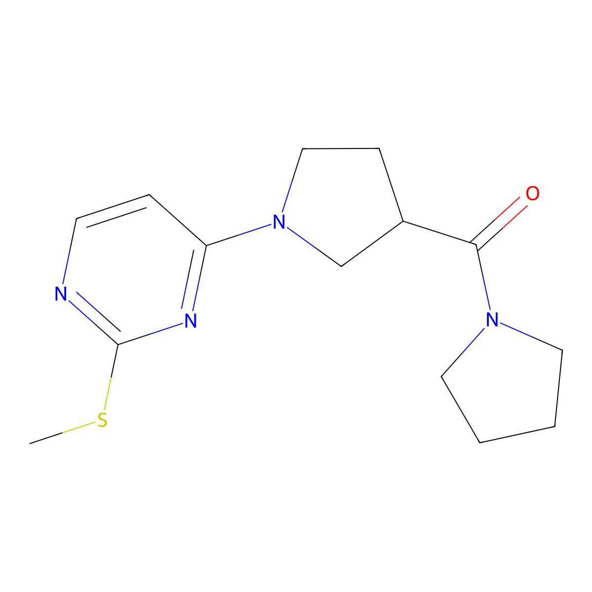 2-(Methylsulfanyl)-4-[3-(pyrrolidine-1-carbonyl)pyrrolidin-1-yl]pyrimidine molecular structure, CAS 2877634-97-2