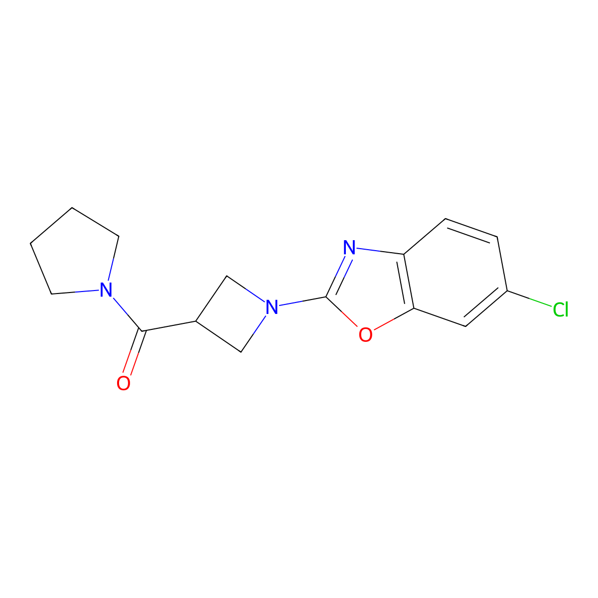 6-Chloro-2-[3-(pyrrolidine-1-carbonyl)azetidin-1-yl]-1,3-benzoxazole molecular structure, CAS 2877634-99-4