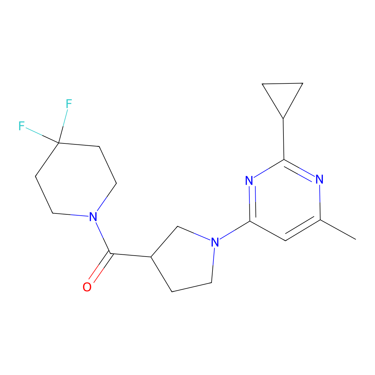 2-Cyclopropyl-4-[3-(4,4-difluoropiperidine-1-carbonyl)pyrrolidin-1-yl]-6-methylpyrimidine molecular structure, CAS 2877635-04-4